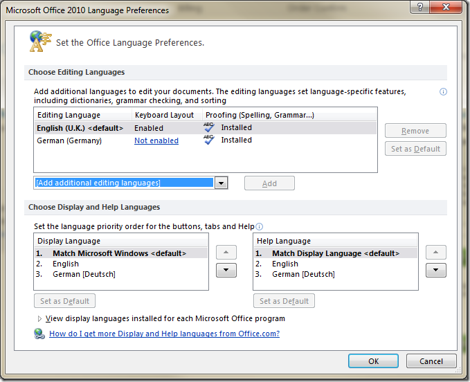 Office language settings dialog
